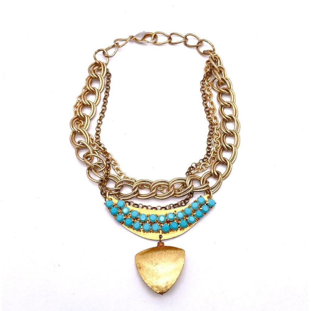 Multi Strand Layered Chain Gemstone Plate Dangle Drop Pendant Necklace